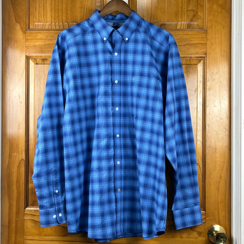 Ariat Pro Series Mens Large Blue Plaid Stretch Western L/S Button Down Shirt